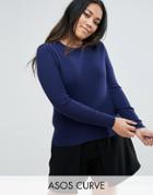Asos Curve Sweater In Rib With Lace Up Shoulders - Navy