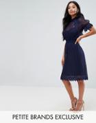 Tfnc Petite High Neck Pleated Lace Midi Dress With Smoked Waist - Navy