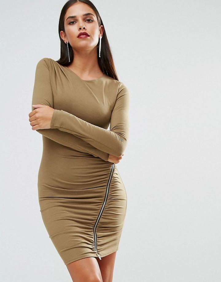 Jessica Wright Long Sleeve Ruched Dress With Zip Detail - Green