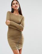 Jessica Wright Long Sleeve Ruched Dress With Zip Detail - Green