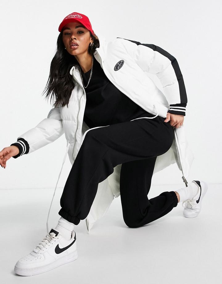 The Couture Club Logo Padded Maxi Jacket With Contrast Stripe In White