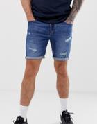 Pull & Bear Slim Denim Shorts In Indigo With Rips - Blue