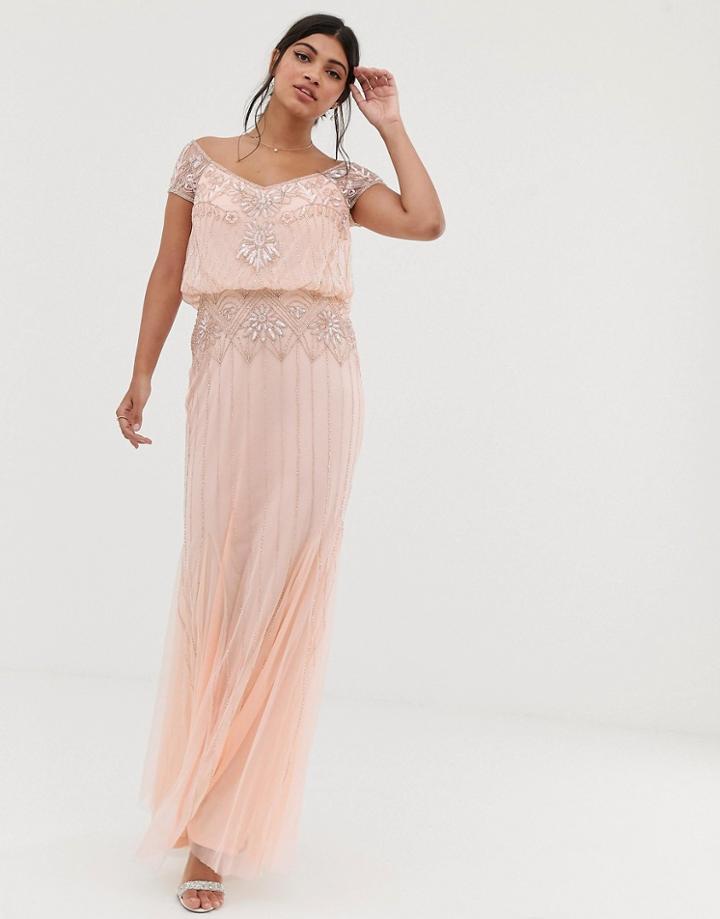 Amelia Rose Baroque Embellished Cap Sleeve Maxi Dress In Soft Peach - Pink