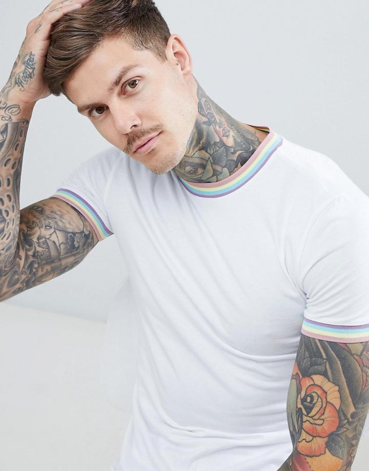 Asos Design Muscle T-shirt With Pastel Rainbow Tipping - White