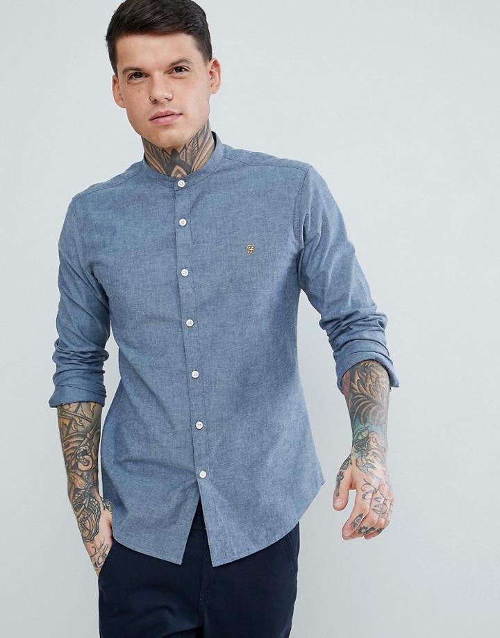 Farah Steen Slim Fit Textured Grandad Collar Shirt In Blue - Blue