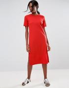 Asos Chunky Ribbed Midi T-shirt Dress With Half Sleeve - Red