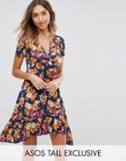 Asos Tall Floral Ruffle Dip Hem Tea Dress - Multi