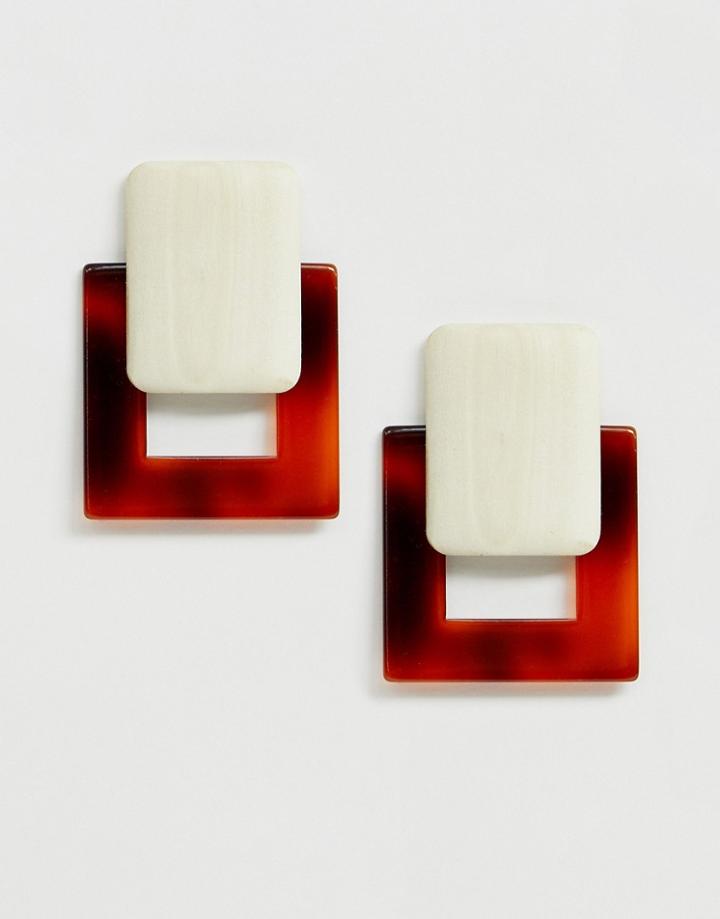 Designb London Wood And Resin Statement Earrings-brown