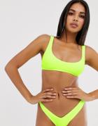Asos Design Skinny Scoop Crop Bikini Top In Neon Yellow Rib
