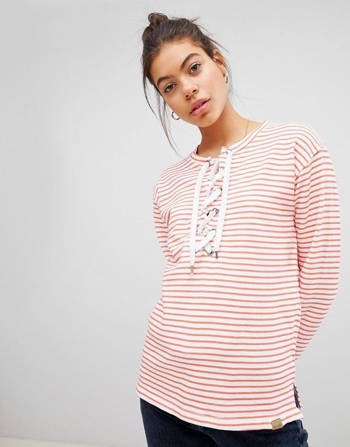 Blend She Tie Neck Striper Sweater - Red