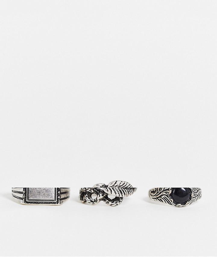 Asos Design 3 Pack Mixed Signet Ring Set With Animals In Burnished Silver Tone