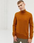 Asos Design Merino Wool Roll Neck Sweater In Mustard-yellow