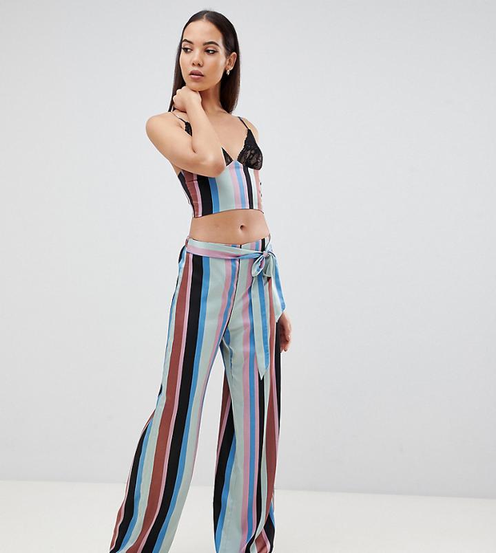 Asos Design Tall Lace Cupped Striped Satin Cami And Wide Leg Pants-multi