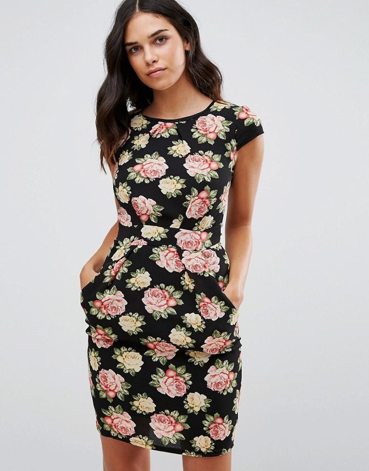 Qed London Printed Tulip Pencil Dress - Black