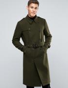 Asos Wool Mix Belted Double Breasted Overcoat In Khaki - Green