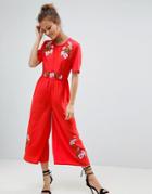 Asos Embroidered Tea Jumpsuit - Red