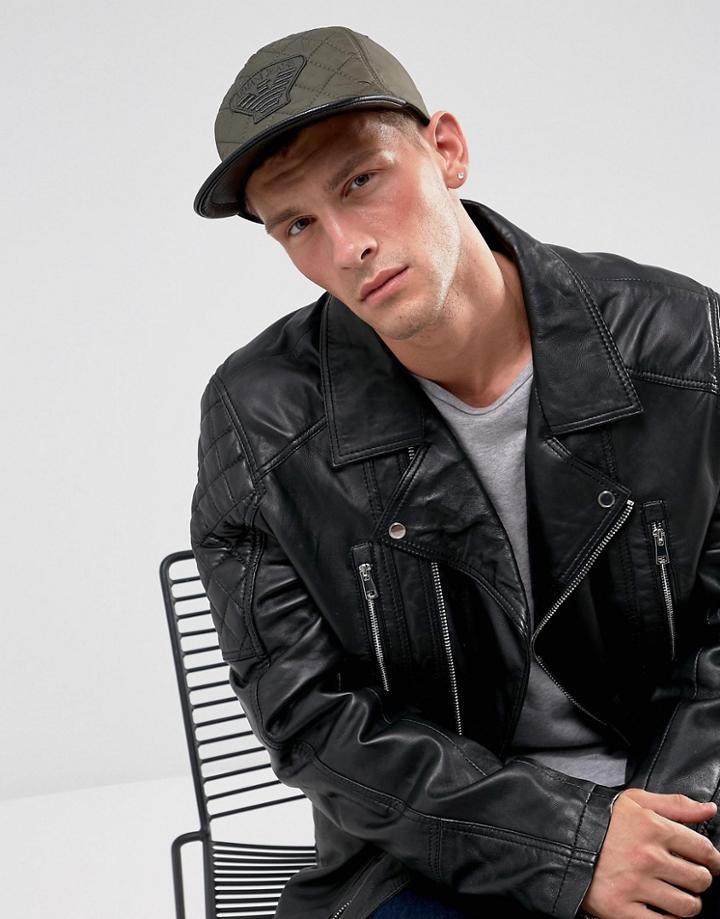 Armani Jeans Quilted Logo Snapback Cap In Khaki - Green