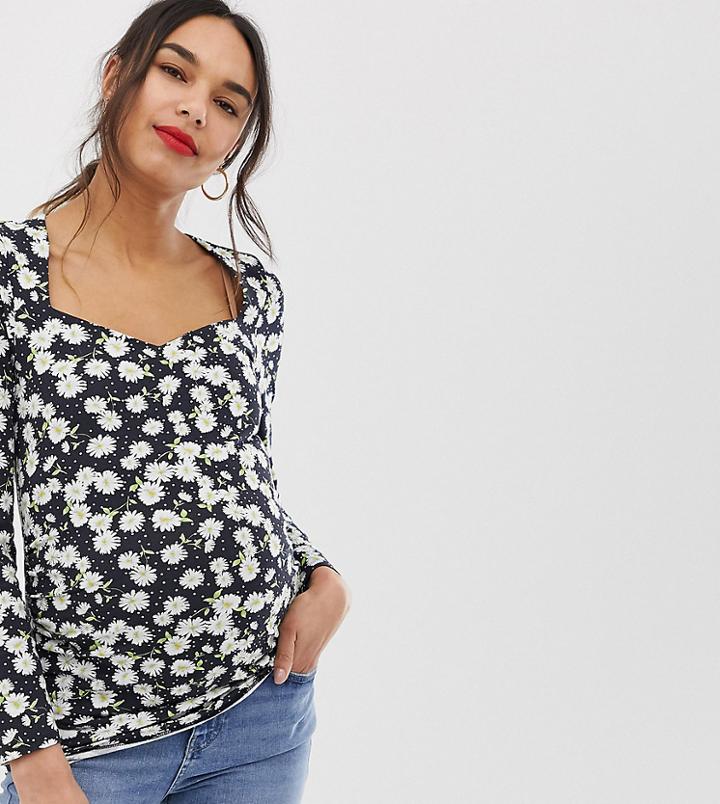 Asos Design Maternity Top With Sweetheart Neckline In Daisy Floral Print-multi