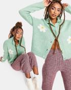 Asos Design Cardi With Flower Pattern In Green