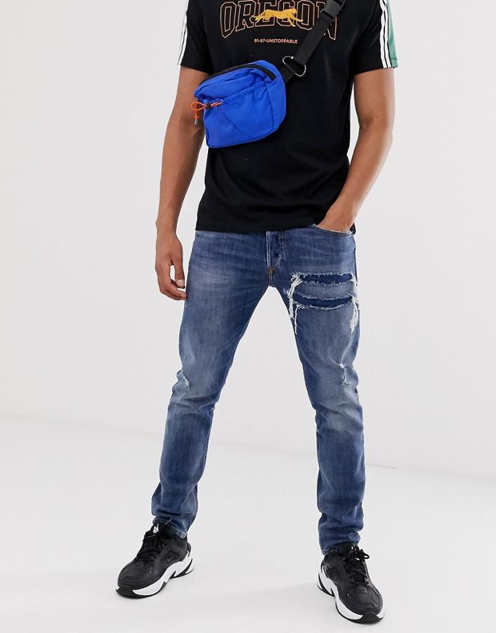 Diesel Tepphar X Slim Carrot Fit Rip And Repair Jeans In 0890x Mid Wash-blue