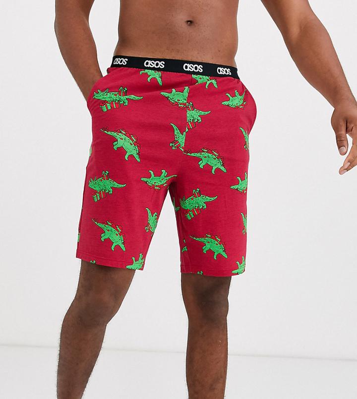 Asos Design Tall Holidays Lounge Pyjama Short In Novelty Dinosaur Print