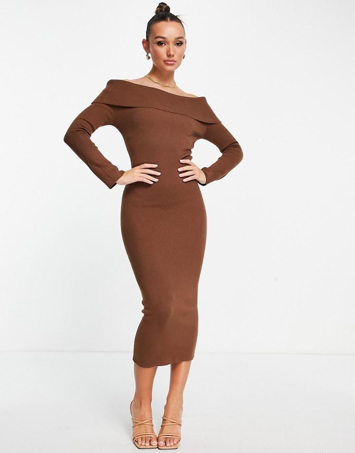 Pretty Lavish Bardot Knitted Midaxi Dress In Chocolate Brown