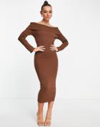 Pretty Lavish Bardot Knitted Midaxi Dress In Chocolate Brown
