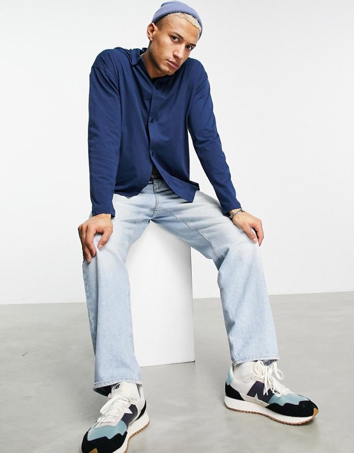 Asos Design Oversized Long Sleeve Jersey Shirt In Navy