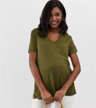 Asos Design Maternity Nursing V-neck T-shirt In Khaki-green