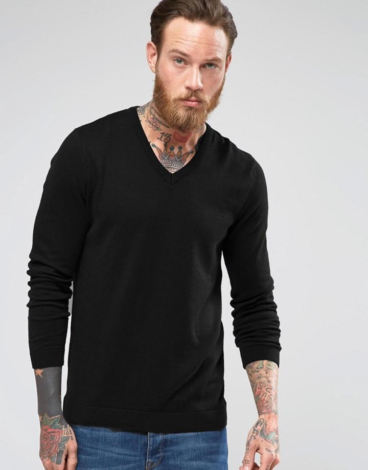 Asos Cotton V Neck Sweater In Black - Black