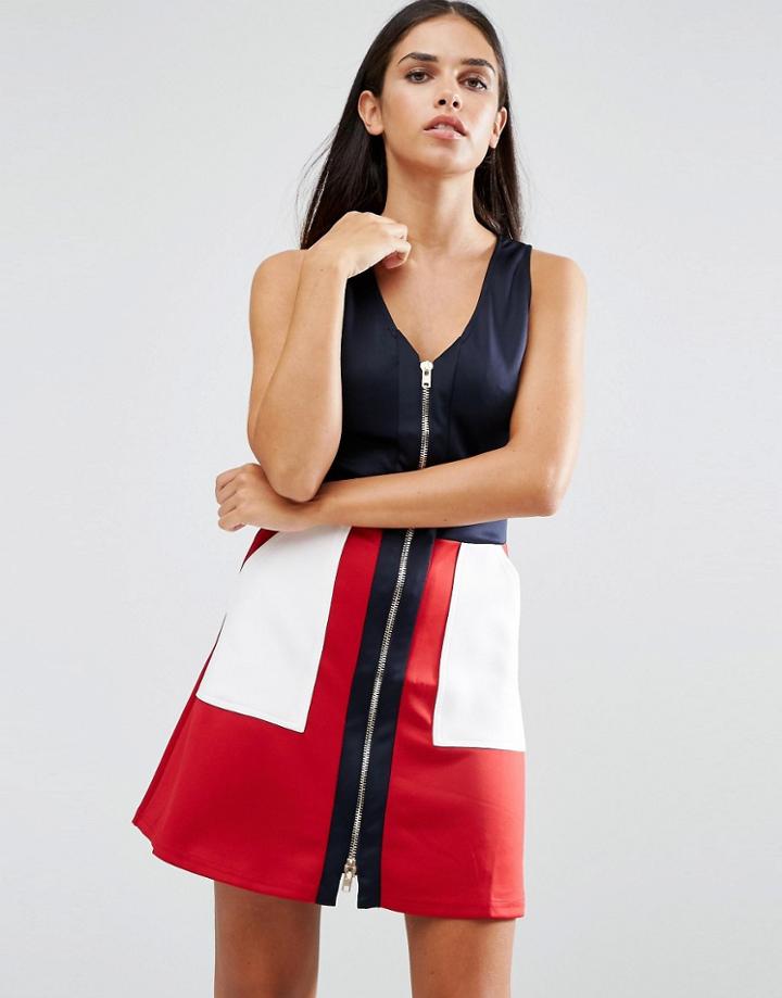 Ax Paris Zip Front Color Block Skater Dress - Navy