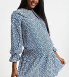 Pieces Maternity Mini Smock Dress With Exaggerated Collar In Blue Ditsy Floral-multi