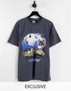 Reclaimed Vintage Inspired Unisex Oversized Organic Cotton T-shirt With Wolf Graphic In Charcoal-grey