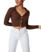 Cotton: On Ribbed Knitted Collar Cardigan In Brown