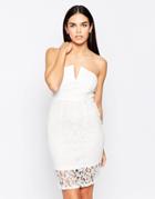 Club L Notch Front Bandeau Dress In Structured Lace - Cream
