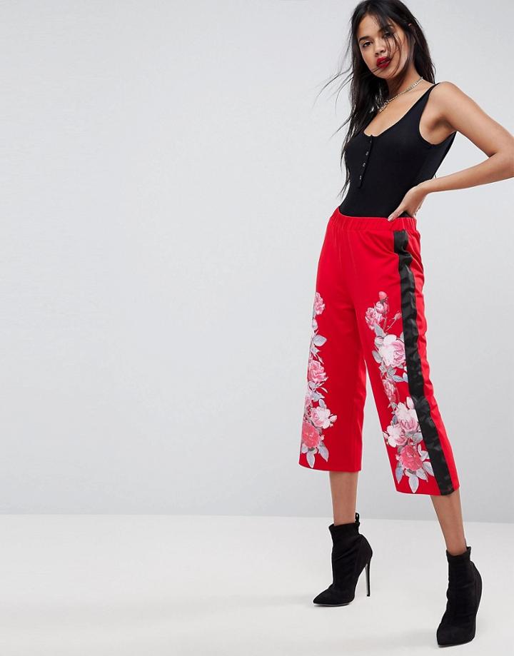 Asos Scuba Culottes With Floral Print & Stripe - Red