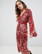 Lost Ink Midi Column Wrap Dress In All Over Sequin Embellishment - Brown