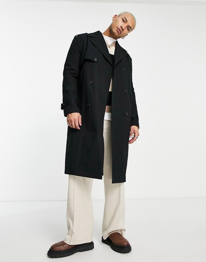 Asos Design Relaxed Water Resistant Double Breasted Trench Coat In Black
