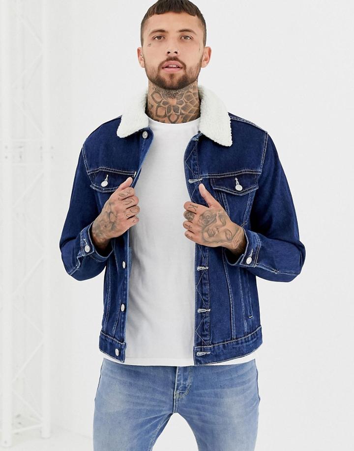 Bershka Denim Jacket With Fleece Collar - Blue