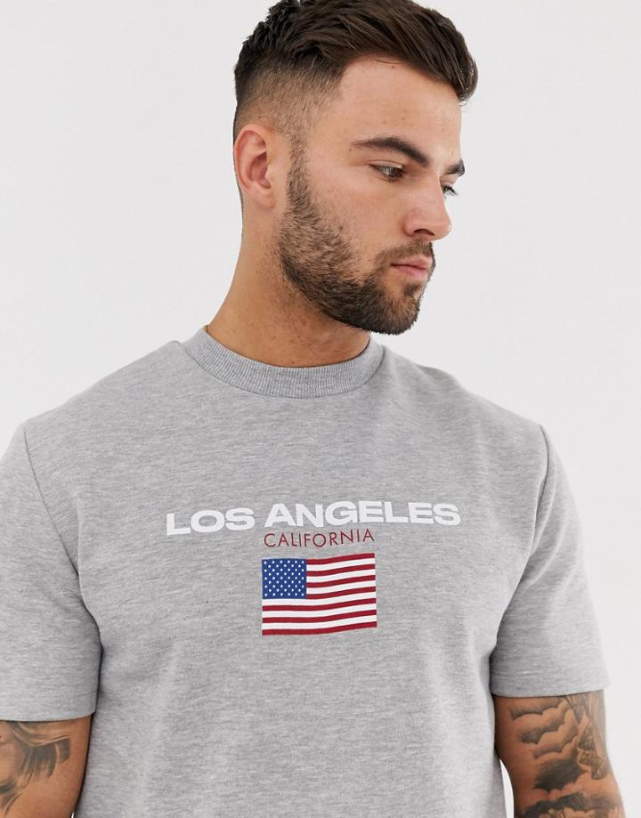 Asos Design Short Sleeve Sweatshirt With Los Angeles Text Print In Gray Marl - Gray