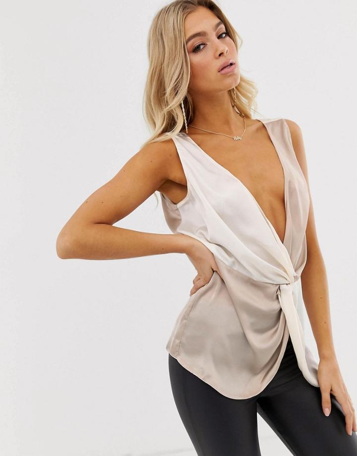 Asos Design Knot Front Color Block Cami In Satin-white
