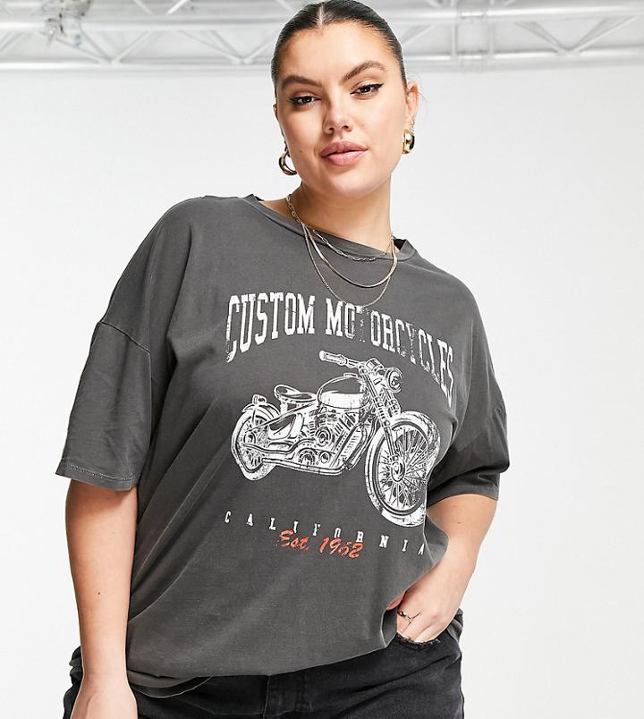 Asos Design Curve Oversized T-shirt With Moto Graphic In Charcoal-white