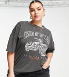 Asos Design Curve Oversized T-shirt With Moto Graphic In Charcoal-white