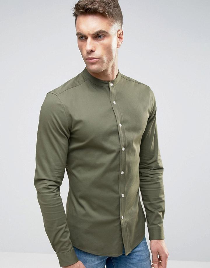 Asos Skinny Twill Shirt With Grandad Collar In Green - Green