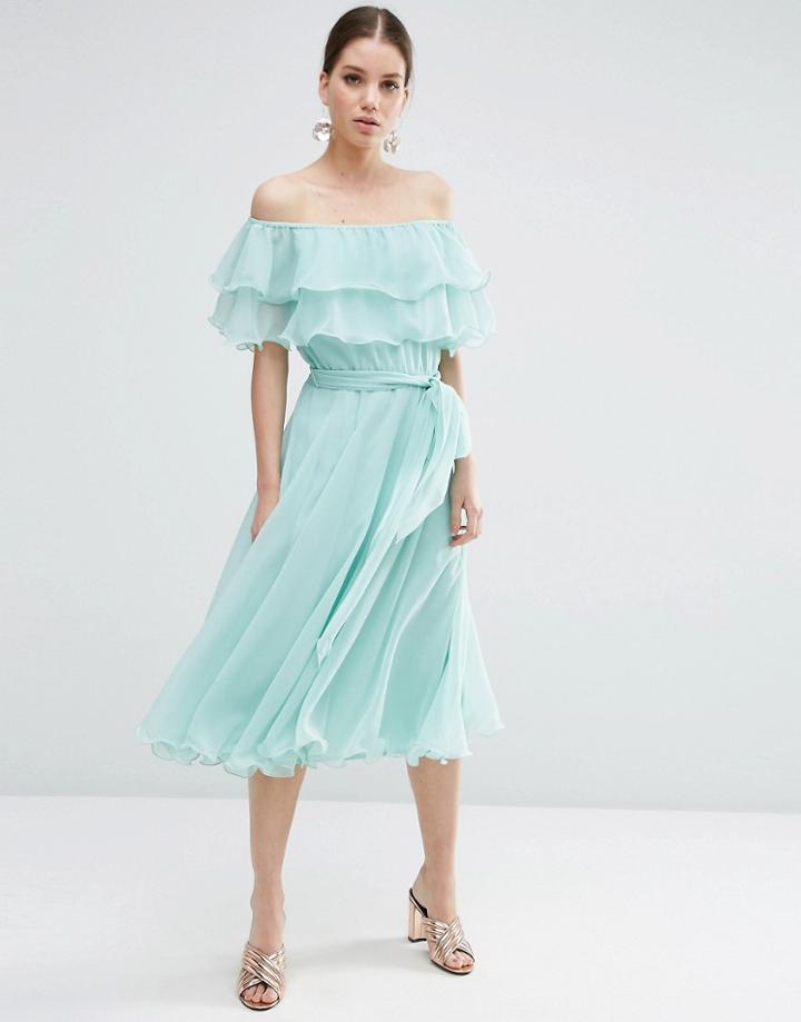 Asos Bardot Off The Shoulder Multi Ruffle Midi Prom Dress - Mint