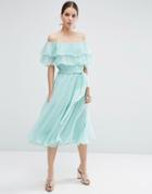 Asos Bardot Off The Shoulder Multi Ruffle Midi Prom Dress - Mint