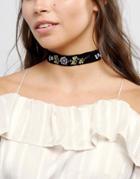 Asos Embroidered Flower Choker Necklace - Black