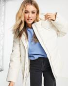 Asos Design Faux Leather Belted Puffer Jacket In Cream-white