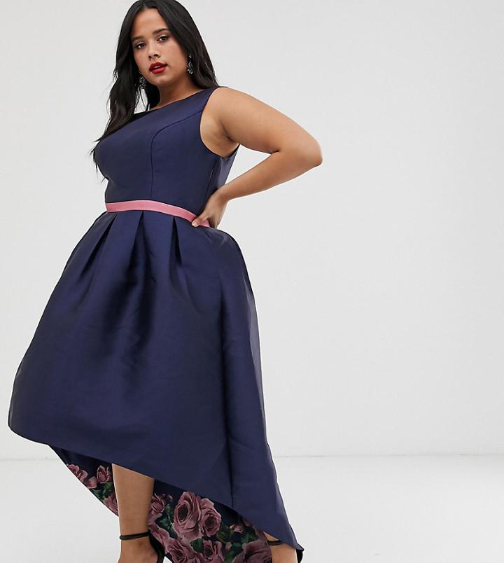 Chi Chi London Plus Satin Midi Prom Dress With High Low Hem In Print-multi