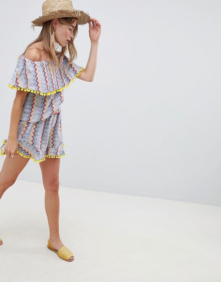 Glamorous Shorts With Pom Pom Trim In Zig Zag Stripe Two-piece-multi